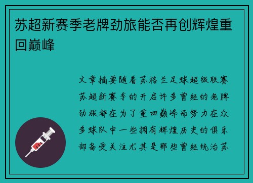 苏超新赛季老牌劲旅能否再创辉煌重回巅峰