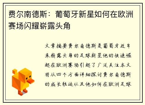 费尔南德斯:葡萄牙新星如何在欧洲赛场闪耀崭露头角